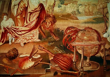 Europa, uit een wandtapijt van de vier hoeken van de wereld, detail van de muziekinstrumenten aan de rechteronderkant, begin 18e eeuw