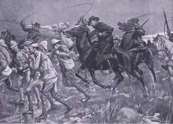 De behandeling van Britse krijgsgevangenen door De Wet tijdens de mars, illustratie uit Na Pretoria: De Guerrillaoorlog, 1902