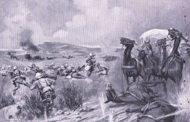 De aanval op het konvooi bij Buffelspoort, illustratie uit Na Pretoria: De Guerrillaoorlog, 1902