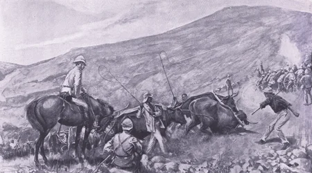 Transportproblemen bij Barberton: Hoe de kanonnen en wagens de bergen op werden gebracht, illustratie uit Na Pretoria: De Guerrillaoorlog, 1902