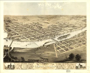 Vogelvlucht van de stad Cedar Rapids en Kingston, Linn Co, Iowa 1868. LOC 73693391