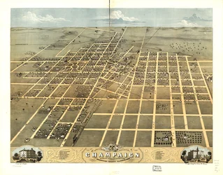 Gezicht in vogelvlucht op de stad Champaign, Champaign County, Illinois 1869. LOC 73693348