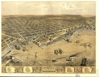 Vogelvlucht van de stad Muskegon, Muskegon Co., Michigan 1868