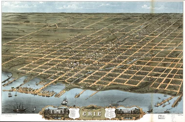 Vogelvlucht van de stad Erie, Erie County, Pennsylvania 1870
