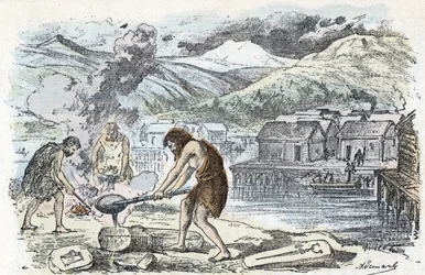 Prehistorie, bronstijd: gieterijwerkplaats nabij een paalwoningnederzetting. Gravure uit «La nature et l
