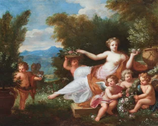 Flora liggend in een landschap met putti die bloemen brengen. (olieverf op doek)