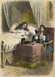 Lodewijk XIV koning van Frankrijk luisterde graag naar Jean Racine en liet hem komen toen hij ziek was. Gravure door A. Duruy in 