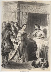 Madame Deshoulieres, Antoinette Ligier de La garde (1637-1694) overweldigd door vragen van haar entourage na een nacht vol angst voor de geest. Gravure door A. Duruy in 