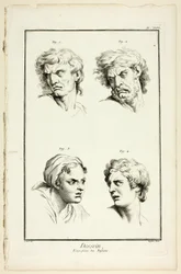 Tekening: Uitdrukkingen van Emotie (Haat of Jaloezie, Woede, Verlangen, Fysieke Pijn), uit Encyclopédie
