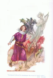 Ferdinand volgde verbaasd het geluid van Ariels stem (De Storm), uit Verhalen van Shakespeare uitgegeven door Ward Lock & Co Ltd
