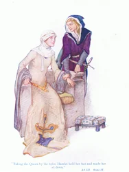 De koningin bij de pols grijpend, hield Hamlet haar stevig vast en liet haar zitten (Hamlet), uit Tales from Shakespeare uitgegeven door Ward Lock & Co Ltd, 1930-40s