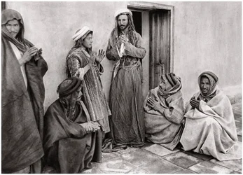 Een mullah die een gebed leert aan een jonge man, Irak, 1925