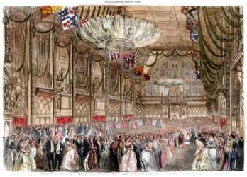 Processie van hare majesteit naar het staatsbal in de Guildhall, 1851