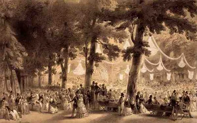 Gezicht op het orkest en de balzaal in het Parc d’Asnières, uitgegeven door Auguste Bry (lithografie)