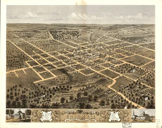 Gezicht in vogelvlucht op de stad Columbia, Boone Co, Missouri 1869. LOC 73693473