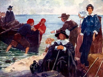 Een groep ballingen meert hun bark aan op de wilde kust van New England, 1620, 1905