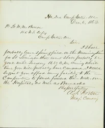 Brief ondertekend A.S. Norton, Major Commanding, Hoofdkwartier, Camp Yates, Ill., aan 1e Luitenant W.M. Breese, 16e U.S. Infanterie, Camp Gates, Ill., 6 december 1863