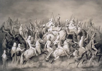 Chir Singh, Maharadja van de Sikhs en koning van Punjab met zijn gevolg op jacht nabij Lahore