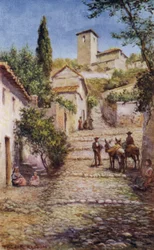 Granada, Straat in de oude wijk (kleur litho)