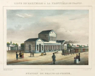 Station Braine-le-Comte, België, gegraveerd door Gerard, 1843