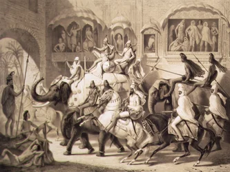 Een straat in Lahore, uit Reis in India, gegraveerd door Louis Henri de Rudder (1807-81) 1842