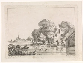Hengelaar en een vrouw voor een huis