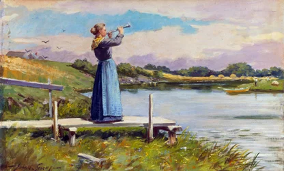 Dinerhoorn. Schilderij door Abbott Fuller Graves (1859-1936). Olieverf op doek, 31,5 x 52cm. Privécollectie.