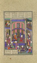 Manuchihr verwelkomt Sam maar beveelt oorlog tegen Mihrab, Folio 80v uit de Shahnama, ca. 1525