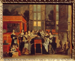 Gesprek van dames in afwezigheid van hun echtgenoten: Diner Schilderij door Abraham Bosse (17e eeuw)