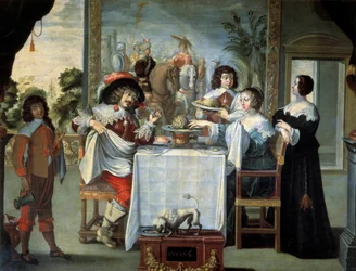 De vijf zintuigen: smaak door anonieme schilder, kopie van gravure door Abraham Bosse (1602-1676), olieverf op doek - 
