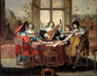 De vijf zintuigen: gehoor. Een groep edelen speelt muziek en zingt. Schilderij door Abraham Bosse (1602-1676). 17e eeuw. Tours, Museum voor Schone Kunsten