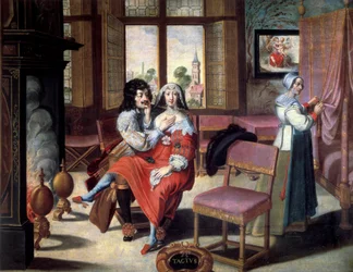 De vijf zintuigen: aanraking Een paar dat elkaar streelt. Schilderij door Abraham Bosse (1602-1674) 17e eeuw. Tours, Museum voor Schone Kunsten