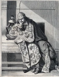 De man vol boosaardigheid: een man met een dubbele jas van vrouwenhoofden mediteert met een aap aan zijn zijde. Reproductie van een prent door Abraham Bosse (1604-1676).