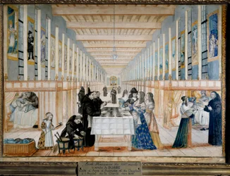 Uitzicht op de Infirmary of Charite (Charity Hospital ook wel het Bros Hospital van Saint-Jean-de-Dieu genoemd), in Parijs, tijdens een bezoek van Anne van Oostenrijk, koningin van Frankrijk en Navarra