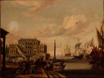 Een capriccio van een mediterrane haven met kooplieden en schepen voor anker