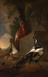 Een pauw, kalkoen en kip met haar kuikens naast een klassieke fontein in een landschap