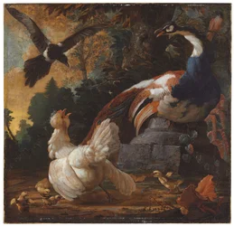 Een pauw, pluimvee en een ekster in een landschap, 1720