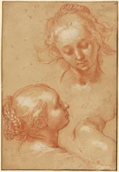 Drie studies van vrouwen (recto); Vier studies van handen en een contra-exemplaar van een knielende jonge man (verso)