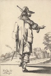 Een heer, gezien van achteren, met zijn rechterarm uitgestrekt en een mantel over zijn linker... , 1629