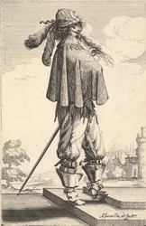 Een heer met een korte jas, een helm en laarzen met sporen, staand op de treden, 1629