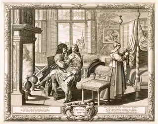 Echtgenoot met vrouw op schoot bij de open haard, Bosse, Abraham (1602-76)