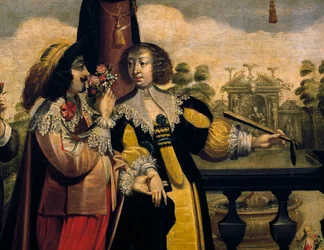Het gevoel van geur, ca. 1635, door Abraham Bosse (1604-1676), naar een schilderij uit een serie van 5 door onbekende kunstenaar, detail. Frankrijk