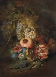 Trossen druiven, granaatappels en vijgen in een landschap