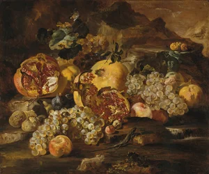 Granaatappels en ander fruit in een landschap