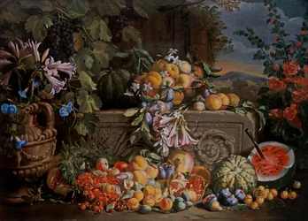 Stilleven met kersen, watermeloen, perziken, abrikozen, pruimen, granaatappels en figuren