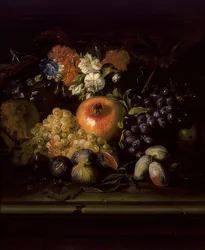 Stilleven met bloemen en fruit