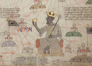 Detail van de Catalaanse Atlas, blad 6, met Mansa Musa op de troon, 1375