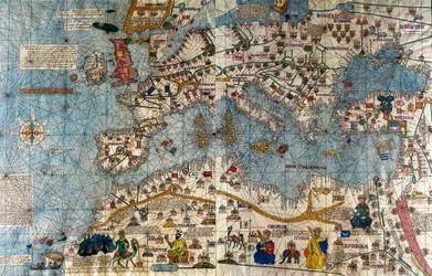 Catalaanse kaart van het Europese continent met de Atlantische en de Middellandse Zee