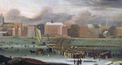 Een vorstmarkt op de Theems bij Temple Stairs, c.1684