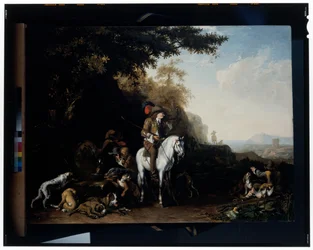 Een uitgestrekt landschap met een jachtgezelschap rustend bij een waterbak en een sportman die schiet